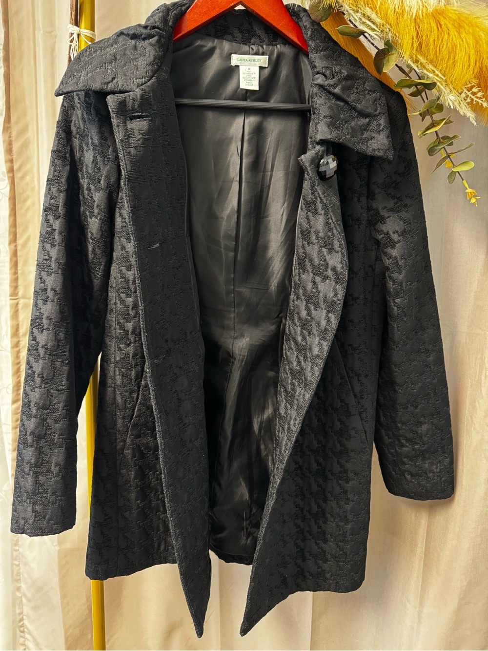 Laura Ashley Black Houndstooth Woven Knee Length Button Up Peacoat Jacket Medium - Picture 6 of 9